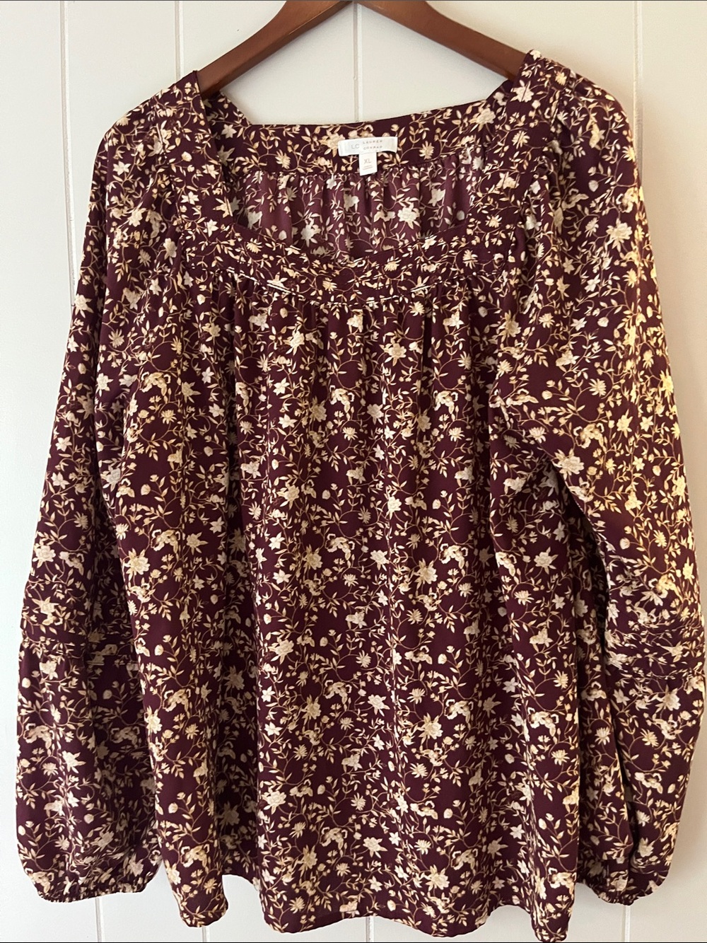 LC Lauren Conrad Burgundy and Cream Floral Crochet-Trim Blouse
